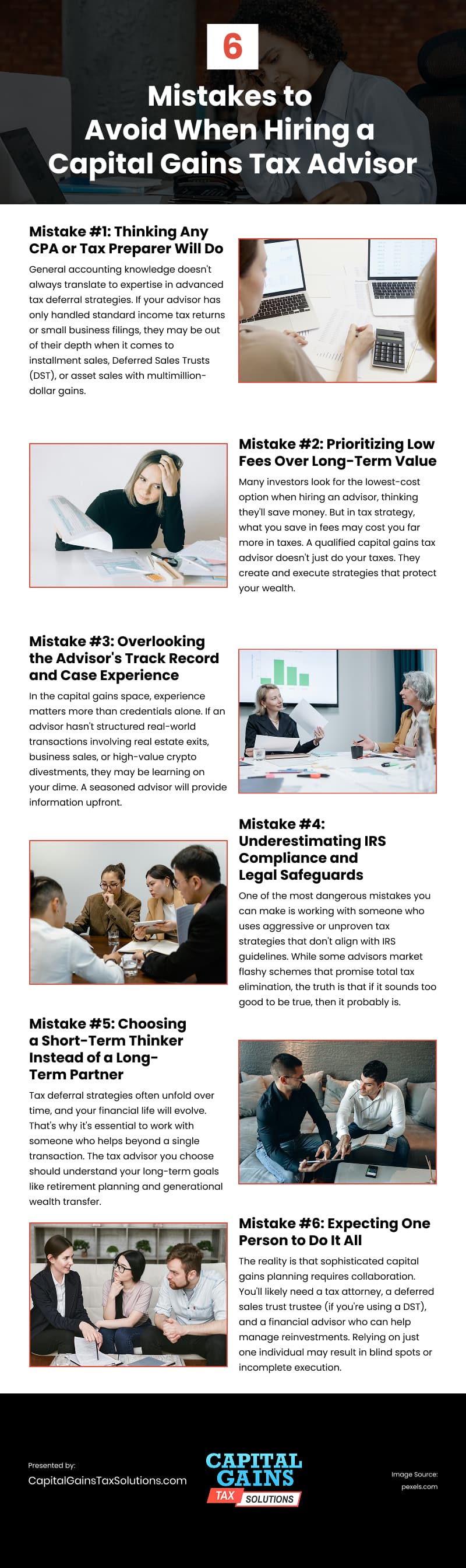 6 Mistakes to Avoid When Hiring a Capital Gains Tax Advisor Infographic